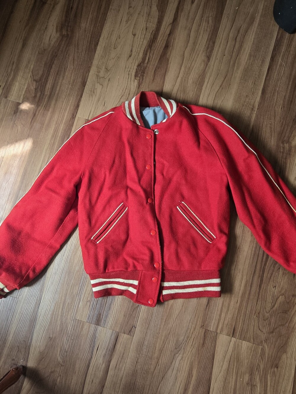 VINTAGE Red Varsity Style Jacket with Cream Trim Snap Front GUC unk size